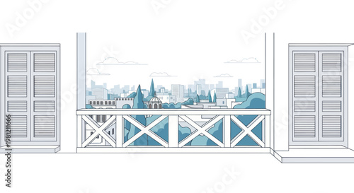 Stylized view of a modern city skyline from a balcony with shutters.