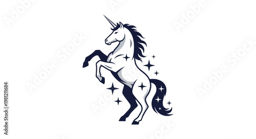 Stylized unicorn rearing up with stars