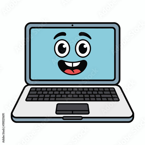 Cartoon laptop screen with surprised cat face and keyboard
