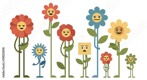 Cartoon flowers with different emotions and faces