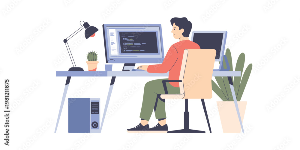 Fototapeta premium Flat minimalist of a man working on laptop at home desk