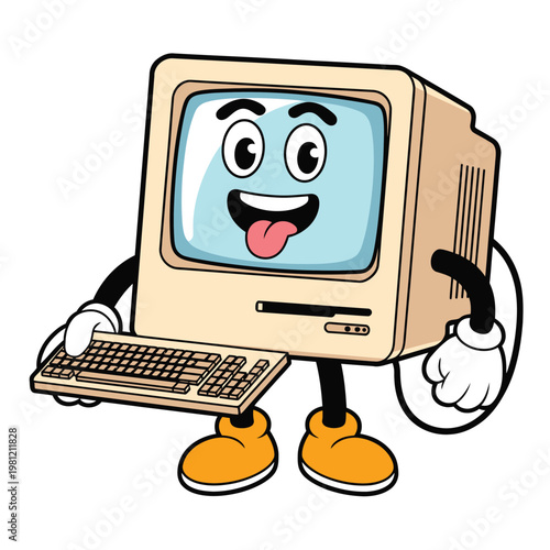Cartoon of smiling robot holding smartphone with happy face