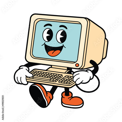 Cartoon robot with screen face sitting on chair vintage style