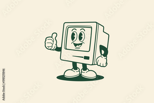 Cheerful green cartoon robot holding smartphone with happy face screen