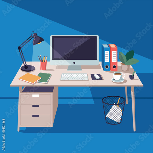 Flat minimalist of a home office workspace with computer and accessories