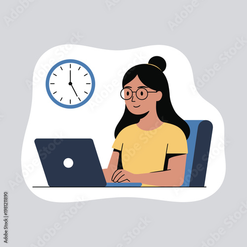 Flat minimalist of a woman reading a book with a clock