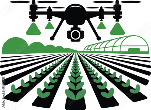 Drone spraying fertilizer over green farm fields with greenhouse and crops in smart agriculture technology concept flat vector illustration