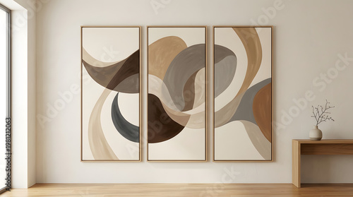 Serene Abstract Art Triptych in Modern Minimalist Living Space with Flowing Organic Shapes and Earthy Neutral Tones for Home Decor Aesthetic