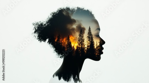 Forest fire impact on identity and nature abstract art urban environment profile view environmental awareness