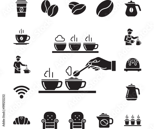 Cup icon set with steam rising, coffee pot and espresso symbols, minimalist monochrome kitchen vector graphics