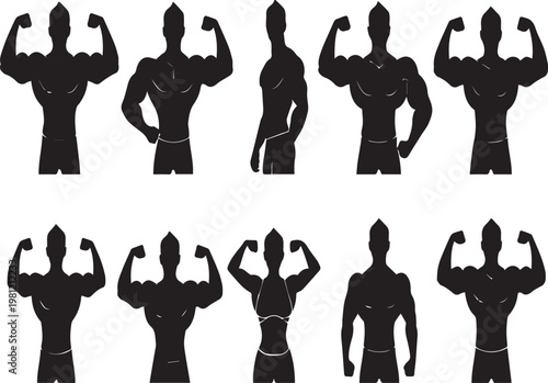 Vector silhouette of multiple muscular men in various poses on transparent background