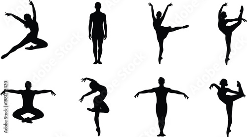 Ballet dance silhouettes collection, graceful ballerina poses, classical dance performance, artistic movement concept, black isolated figures, elegance illustration set, female dancers