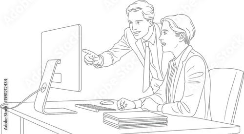 Business team, colleagues, office workers, computer screen, collaboration, vector illustration
