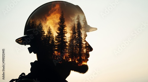 Firefighter combats forest fire wilderness photograph dramatic sunset side profile environmental awareness