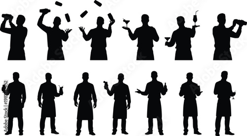 Bartender silhouettes collection, cocktail making and serving poses set, bar staff figures illustration, drink preparation lifestyle bundle, isolated black human silhouettes pack