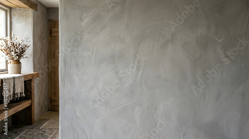Textured gray wall with a rustic wooden shelf and dried flowers in a vase, showcasing a natural and organic interior design aesthetic