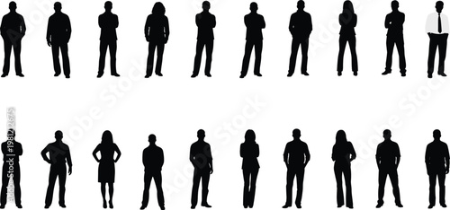 Business people silhouettes collection, standing corporate men and women poses set, professional team figures illustration, isolated black human characters bundle, office lifestyle pack