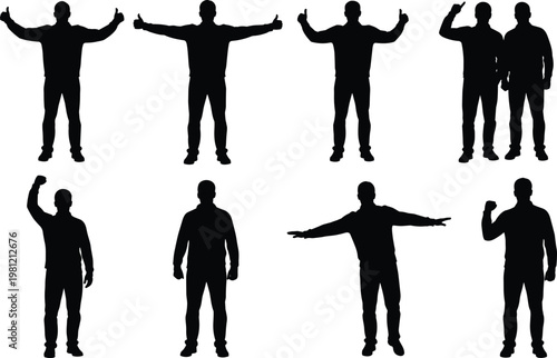 Business success silhouettes collection, confident men showing thumbs up and victory poses set, achievement and motivation figures illustration, isolated black human silhouettes bundle
