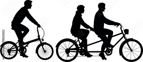 Cyclists silhouettes set, man riding bicycle and tandem couple, active lifestyle vector illustration collection