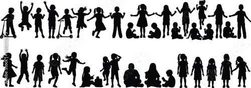 Children silhouettes collection, kids playing and jumping poses, childhood activity concept, happy lifestyle, black isolated figures, playful movement illustration set, group