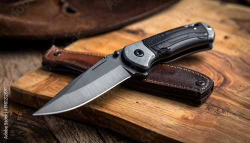 Silver pocket knife rests on a textured wooden board, a leather sheath beneath, soft focus background