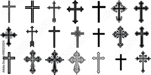 Christian cross silhouette collection with ornate and simple designs, religious symbols set, faith icons, decorative crosses, black and white vector illustration