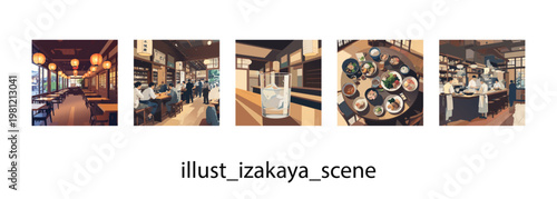 温かみのある日本の居酒屋と店内風景_イラスト素材