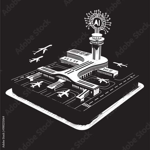 Whisk robot control board icon with circuit lines, airplane routes, and AI chip on dark background featuring microcontroller, technology, schematic