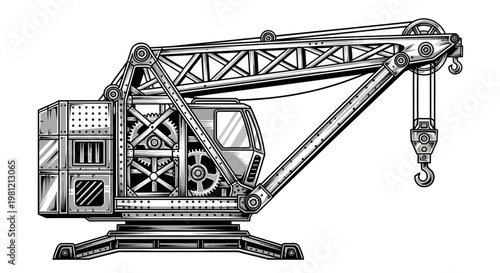 Detailed industrial crane illustration with gears and mechanical design