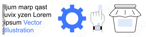 Technology, interaction, innovation, gadgets, product design, packaging. Blue gear, finger with smartwatch jar. Technology and interaction concept for gadgets and innovation