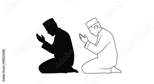 Two kneeling muslim men in prayer a striking black silhouette