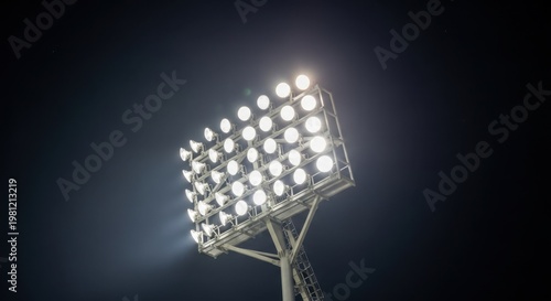 A tall metal stadium floodlight structure glowing brightly against the dark night sky background.