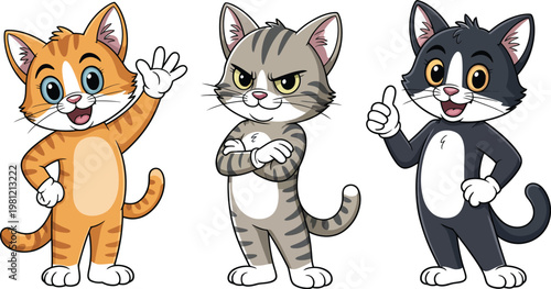 Cute cartoon cats, waving kittens, feline friends, animal icons, vector pets