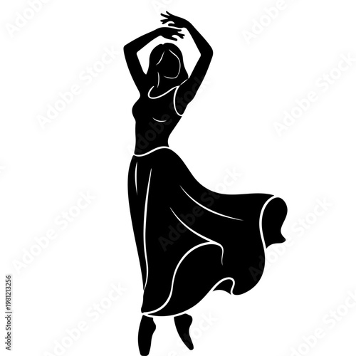 A woman in a flowing dress is captured in a dramatic silhouette as she dances with her arms raised above her head silhouette