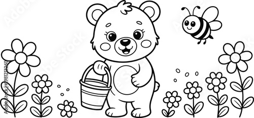 Cute bear, cartoon illustration, gardening, coloring book, vector graphics