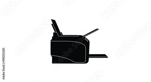 Black printer illustration against a white background a stark silhouette