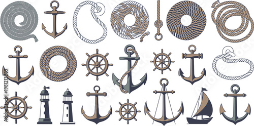 Nautical icons, anchor symbols, ship wheel graphics, sailboat illustrations, 20 marine rope elements