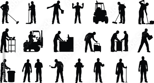 Construction workers silhouettes collection, industrial labor poses set, builder and technician figures illustration, maintenance and repair people bundle, isolated black human silhouettes pack