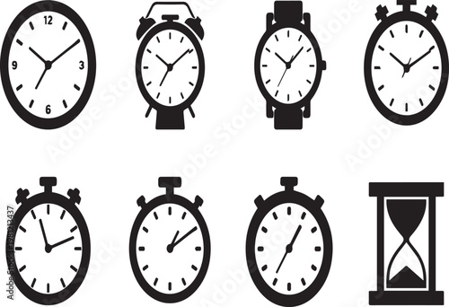 Collection of clock and watch silhouettes on transparent background
