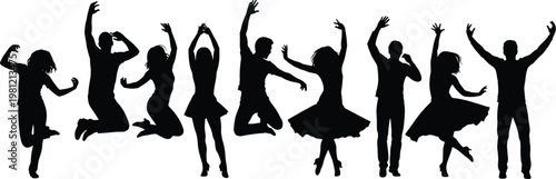 Dancing people silhouettes collection, jumping party poses set, energetic men and women figures illustration, celebration lifestyle bundle, isolated black human silhouettes pack