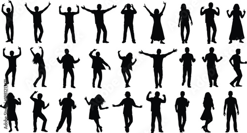 Dancing people silhouettes collection, party dance poses set, men and women moving figures, celebration movement illustration, isolated black human silhouettes bundle, dynamic crowd scene