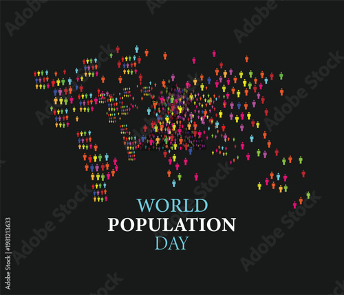 World population day concept with colorful human icons forming a world map and abstract colorful background .