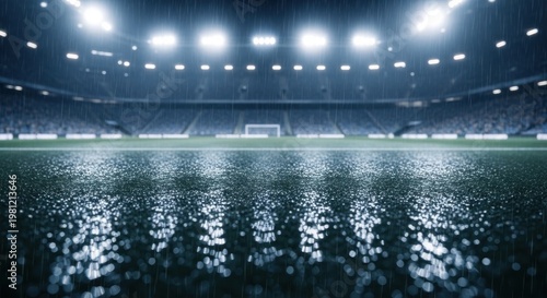 A wide view of a modern professional football stadium illuminated by bright floodlights at night