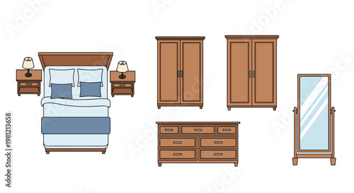 Comprehensive top-down view of a complete bedroom furniture set, including a bed, nightstands, wardrobes, dresser, and full-length mirror, showcasing interior design elements.