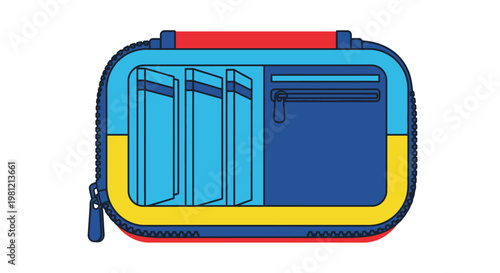 A colorful illustration of a zippered pouch with multiple pockets and compartments.
