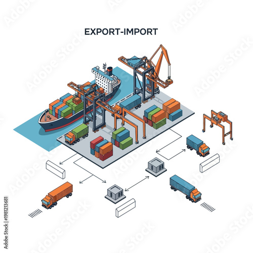 Container Ship Loading and Unloading at Port with Trucks and Cranes.