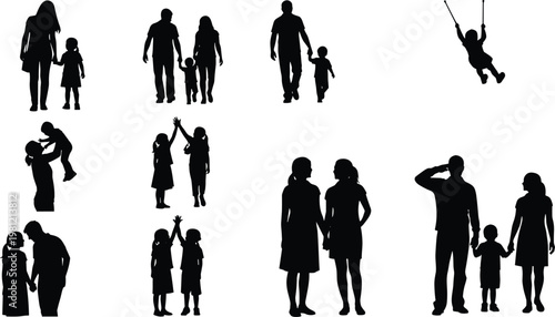 Family silhouettes collection, parents and children interaction poses set, parenting and childhood moments illustration, love and care figures bundle, isolated black human silhouettes pack