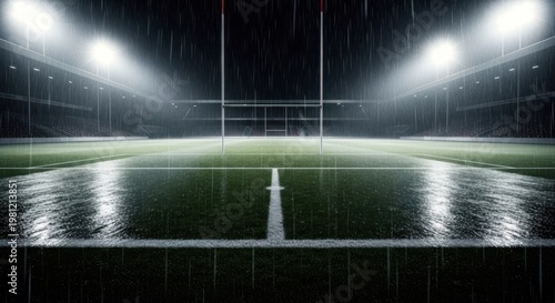 A view of a football field at night illuminated by bright stadium lights showing the goal post