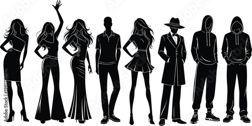 Fashion people silhouettes collection, stylish men and women poses set, trendy outfit figures illustration, modern lifestyle characters bundle, isolated black human silhouette pack