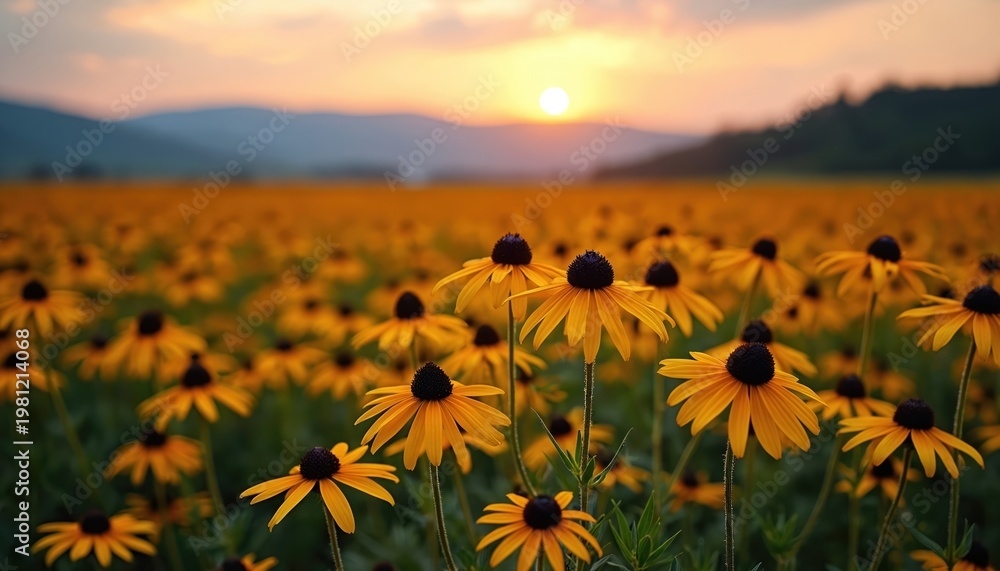 Fototapeta premium Golden black eyed susan flowers bloom in vast field. Sun sets behind blue mountains casting warm glow. Nature awakens in golden hour light.